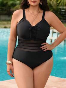 Swim Lushoire Plus Size Women Solid Color Ruched Tie Front One-Piece Swimsuit - Royal Blue - View 1