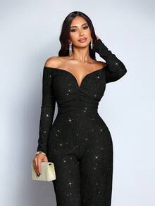 SOLERSUN Women's Fashionable Elegant V-Neck Off Shoulder Long Sleeve Party Night Club Sparkly Fabrics Jumpsuits, Suitable For Christmas Party Valentine's Day Dating - Black - View 6