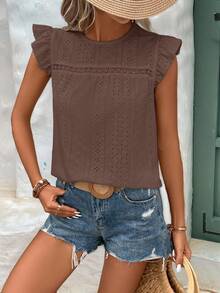 SHEIN Frenchy Eyelet Embroidery Ruffle Trim Round Neck Lace Trimmed Tee - Brown - View 6