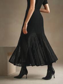 Anewsta Petite Black Ribbed Knit Mesh Patchwork Maxi Mermaid Skirt, Fitted Slimming Draping, Elegant Office/Casual Versatile Autumn/Winter Dress - Black - View 2