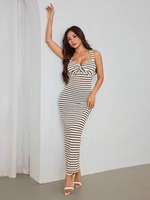 SHEIN PETITE 女士休闲条纹连衣裙 秋季穿搭 女士条纹无袖中长连衣裙 条纹连衣裙 夏季连衣裙 - 黑與白 - 查看 7