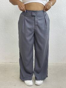 Calvaya 大码女式休闲百搭条纹高腰宽松飘逸阔腿裤