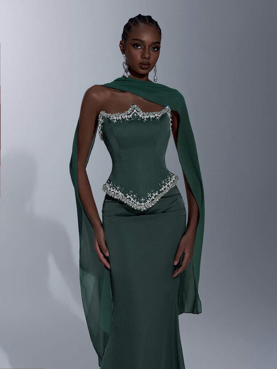 Elitara Elegant Luxurious Rhinestone Embellished Sexy Bandeau Patchwork Elastic Satin Ruched Dress With Halter, Suitable For Weddings, Events, Parties, Vacations, Galas, Formal Occasions - Army Green - View 1