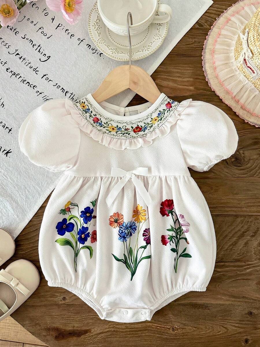 LMoss Kids 女婴可爱碎花图案翻领连体衣，夏季