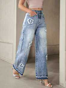 Selenza 女士花卉毛边贴袋阔腿宽松休闲牛仔裤 - 藍色 - 查看 5