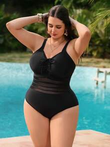 Swim Lushoire Plus Size Women Solid Color Ruched Tie Front One-Piece Swimsuit - Royal Blue - View 5