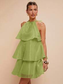 COSMINA 女士多层荷叶边吊带优雅无袖迷你连衣裙，情人节，派对，鼠尾草绿连衣裙 - 綠色 - 查看 5