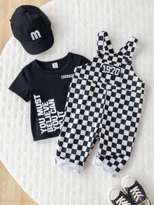 SHEIN Unisex Baby Checkered Suspender Pants, Casual & Cute, Spring/Summer Baby Boy Clothes, Streetwear - Black and White - View 3
