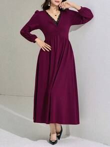 DAZY Damen elegantes Kontrast-Spitzen-V-Ausschnitt-Ballonärmel-Raffung-Taille-Midi-Kleid, Frühlings-/Herbst-Sommerkleid - Bordeaux - Übersicht 3