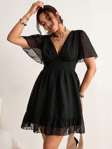 Freevana Abito casual versatile a maniche corte con scollo a V tinta unita, taglie comode - nero - Visualizzare 7