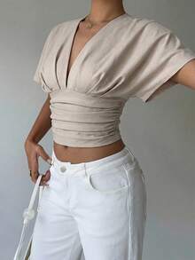 Aloruh 女士纯色V领褶皱时尚衬衫，休闲夏季上衣，套头衫，教师制服，商务休闲装，优雅时尚的V领衬衫，落肩设计，收腰，固定褶皱，显瘦，适合办公室通勤。 - 杏色 - 查看 5