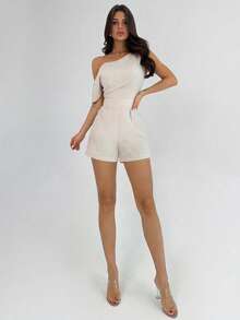 Firerie 卡其色斜肩褶裥腰部微A字短款连体裤,端庄连体裤,卡其色连体裤,斜肩连体裤,亚麻质感连体裤,休闲通勤连体裤,不规则斜肩领短款连体裤,春夏装,优雅,通勤,约会,音乐节,婚礼季,毕业典礼,舞会,演出,音乐会,工作装,返校,正式场合 - 卡其色 - 查看 7