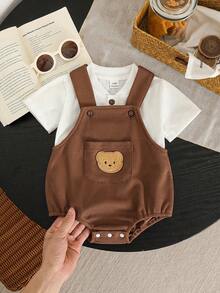 2件套男婴春秋季白色圆领短袖T恤和可调节口袋小熊连体衣套装，适合春夏穿着，是新年、情人节、节日、生日派对、度假、一周岁生日、拍照的理想之选。棕色泰迪熊婴儿连体衣，棕色婴儿服装。 - 棕色 - 查看 4