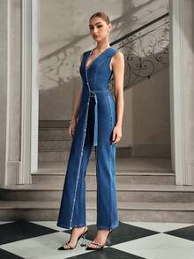 Selenza Women's Rhinestone Embellished Buckle Waist Sleeveless Fashionable Denim Jumpsuit - Dark Wash - View 3