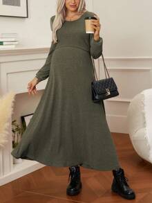 Cheriluna Maternity Maternity Solid Color Round Neck Nursing Function Casual Daily Wear Long Sleeve Dress - Army Green - View 5