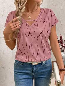 SHEIN Clasi Blusa feminina casual de manga curta com estampa vazada por toda a peça - Rosa - Ver 4