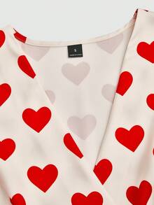 Franclia Women's Elegant Heart Print V-Neck Sleeveless Blouse, Valentine's Day Heart Dress Wrap Dress Cute Dress Strawberry Dress Women Cherry Dress Women