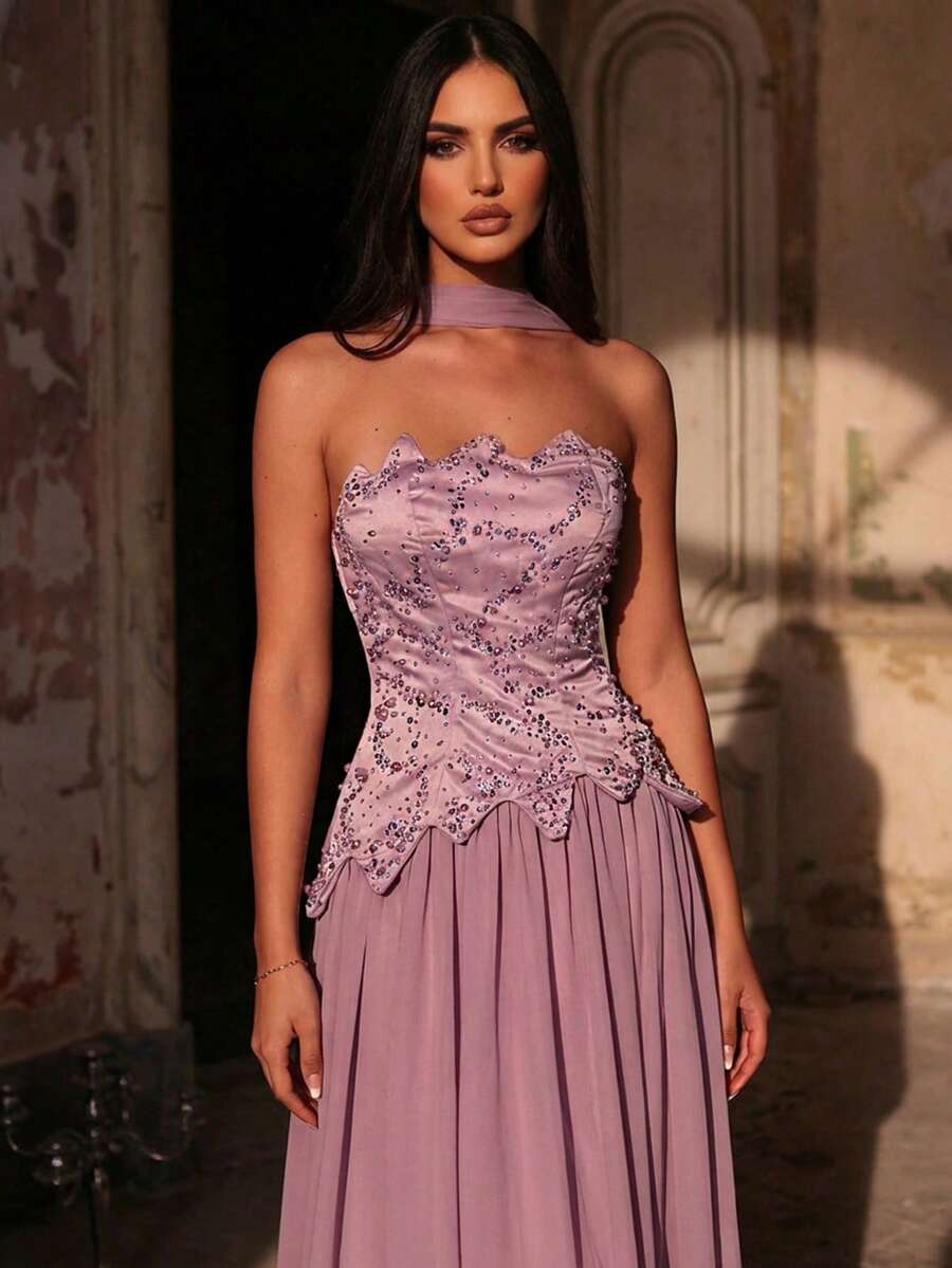 Glamrae Women's Gray-Pink Satin Strapless Dress,Beads&Rhinestones Asymmetrical Hemline,A-Line Chiffon Skirt,Adjustable Tie Waist,Formal Wedding Evening Gown
