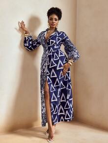 BamGleam Women's Geometric Print Lapel Single-Breasted Split Elegant Waist Dress For Party - Blue and White - View 3