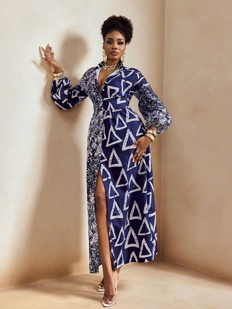 BamGleam Women's Geometric Print Lapel Single-Breasted Split Elegant Waist Dress For Party - Blue and White - View 1