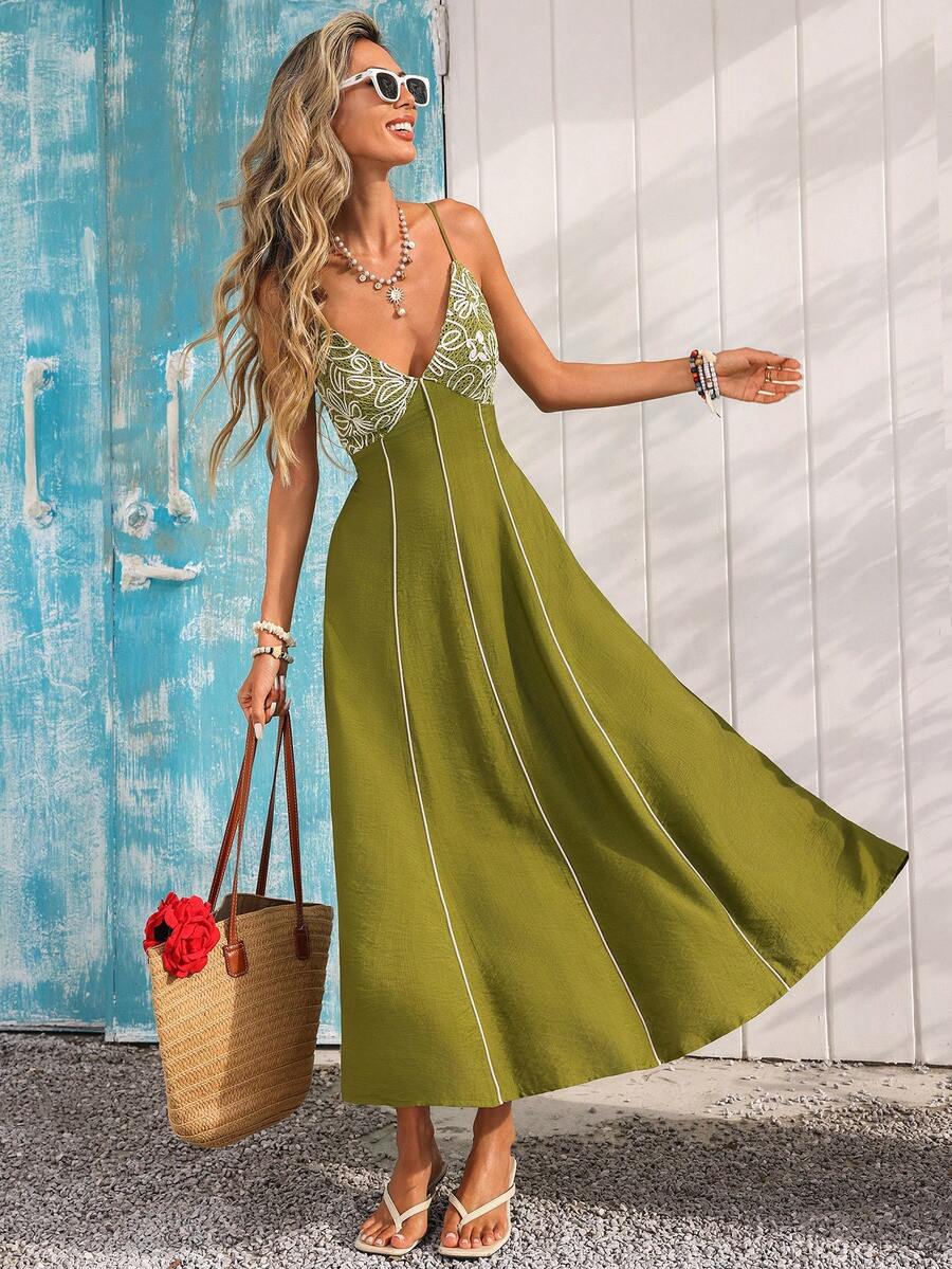 Vivid Eden 女士印花撞色滚边开衩口袋无袖中长连衣裙 - 綠色 - 查看 1