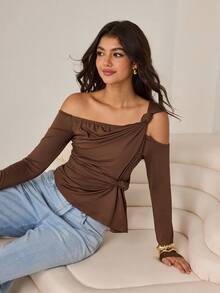 Aidyla Coffee Color Oblique Shoulder Twist Knot Ruched Sexy Fashion Women T-Shirt - Brown - View 6