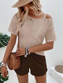 EMERY ROSE Women's Spring/Summer New Oblique Shoulder Pullover Top And Contrasting Color Shorts 2 Pieces Set, Casual And Versatile - Multicolor - View 3