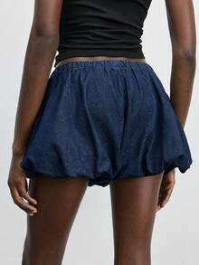 Maija 女士休闲日常通勤打结低腰泡泡牛仔短裤，夏季 - 深色水洗藍 - 查看 3