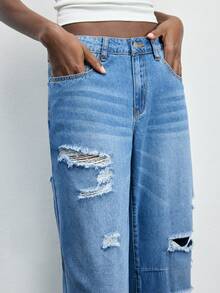 Maija Women's Casual Fashion Street Chic Daily Commute Distressed Loose Wide-Leg Jeans - Medium Wash - View 6