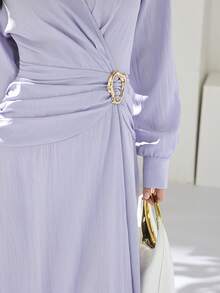 Heiryn 女士纯色翻领长袖腰部褶皱金属装饰休闲办公中长连衣裙 - 淡紫色 - 查看 4
