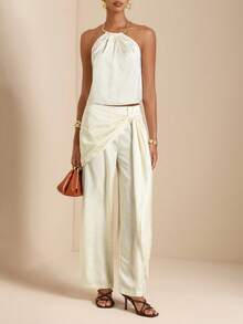 SHEIN Veneréa 女士优雅提花露背吊带上衣和裤子两件套，夏季 - 杏色 - 查看 4