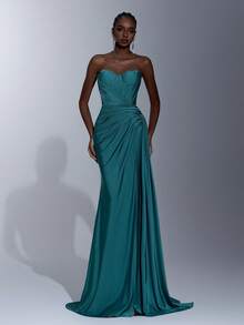 Elitara 优雅、奢华、浪漫的灰绿色弹力针织亮面泳装面料，无肩带不对称开衩设计，带鱼骨的紧身胸衣，高开衩鱼尾侧垂褶荷叶边，适合正式场合、单身派对、婚礼、毕业典礼、假期、盛大晚宴、舞会等。 - 橄欖綠 - 查看 4