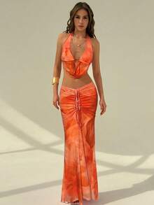 Aloruh Bộ đồ nữ gợi cảm in hoa, gồm áo crop top hở lưng buộc dây và chân váy đuôi cá xếp ly có dây rút, thích hợp cho mùa hè. - Nhiều màu - Xem 3