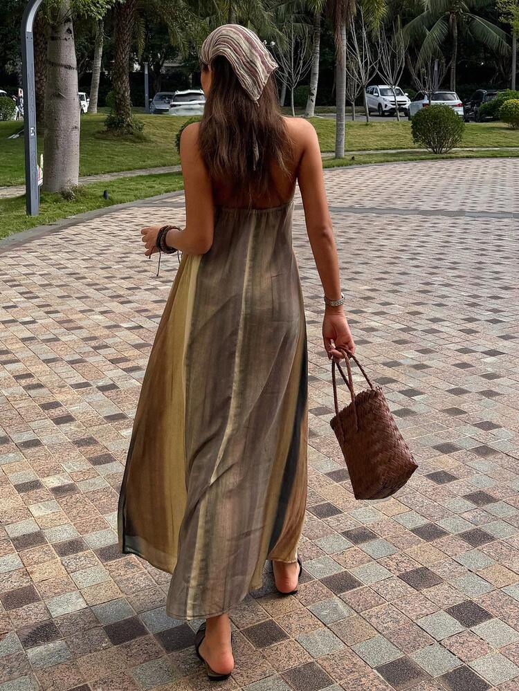 Tall Women's Summer Tie Dye Halter Tie-Up Backless Dress, Elegant Vacation Style