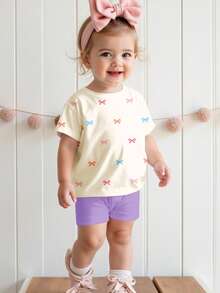 Setelan Kaos Lengan Pendek Leher Bulat Minimalis Kasual dan Celana Pendek Ketat untuk Bayi Perempuan dengan Motif Pita Mini Warna-warni yang Lucu, Cocok untuk Musim Semi/Panas - MultiWarna - View 1