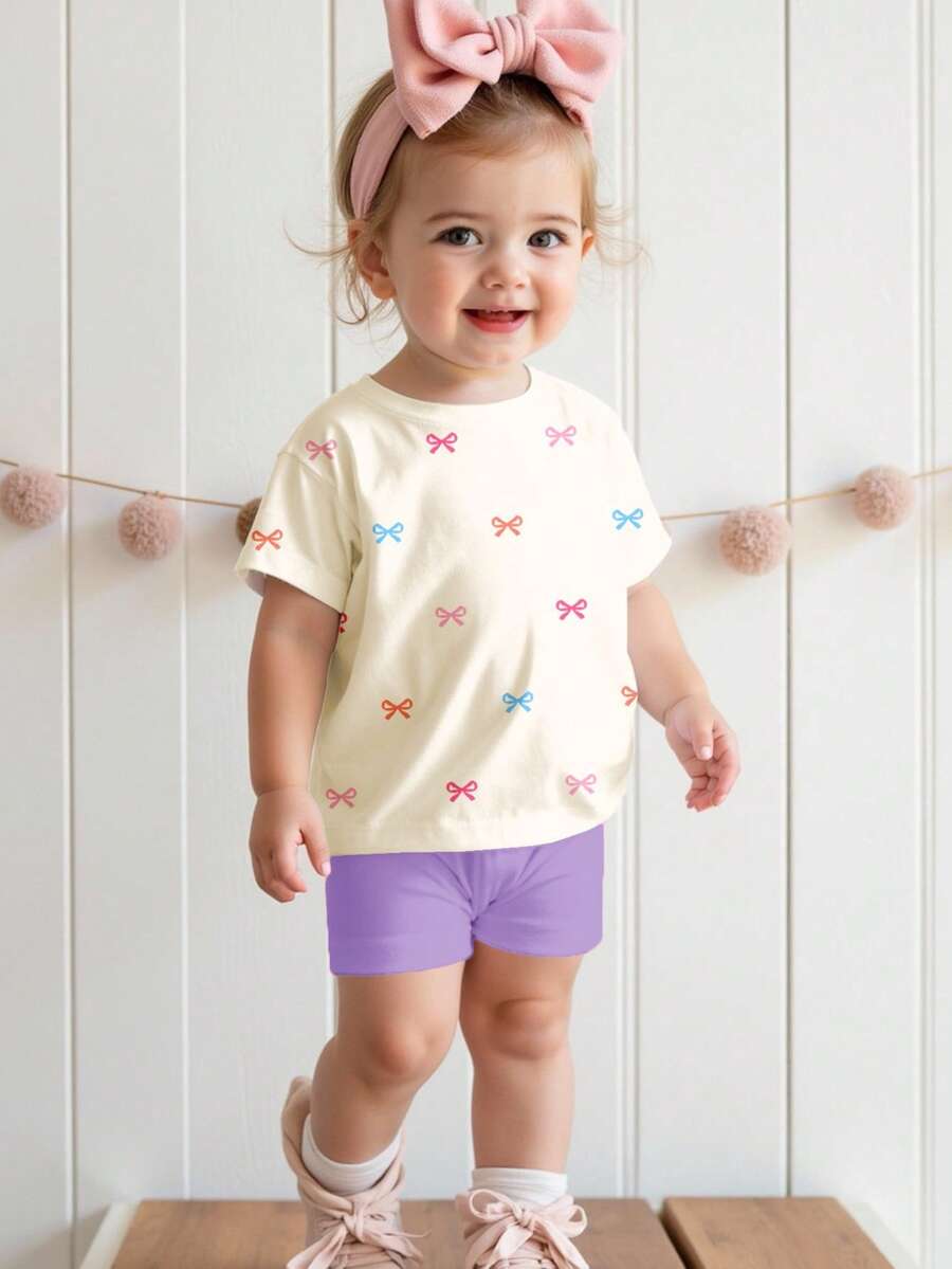 Setelan Kaos Lengan Pendek Leher Bulat Minimalis Kasual dan Celana Pendek Ketat untuk Bayi Perempuan dengan Motif Pita Mini Warna-warni yang Lucu, Cocok untuk Musim Semi/Panas - MultiWarna - View 1