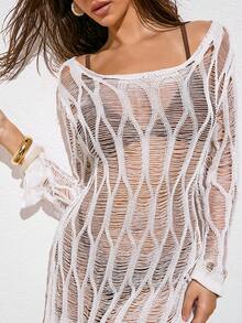 Avantive A White Hollowed-Out Transparent Hand-Hooked Smock Summer Outfits For Women Beach Outfits For Women - White - View 1