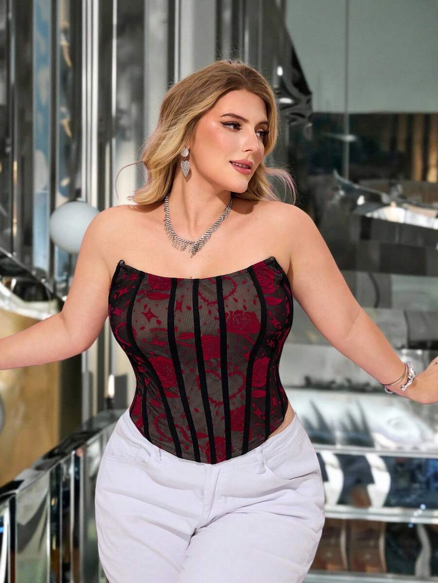 Hourglow Top bandeau élégant en maille rose avec laçage dans le dos pour les femmes de grande taille, pour les silhouettes en sablier et en forme d'heure de sablier, Saint-Valentin - Noir - Voir 1