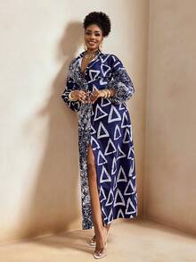 BamGleam Women's Geometric Print Lapel Single-Breasted Split Elegant Waist Dress For Party - Blue and White - View 4