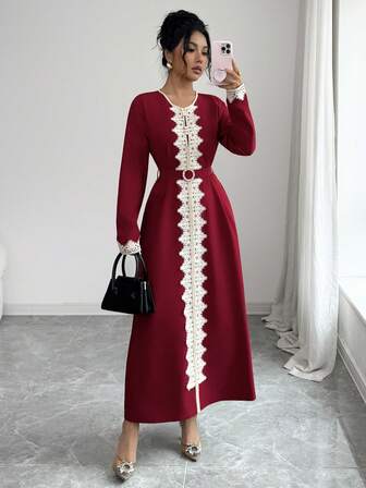 Gloray Vestido de manga larga elegante con cinturón de cintura con aplicación de color contrastante para mujer