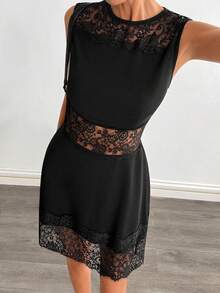 Siren Gaze 女士优雅蕾丝拼接透视收腰迷你连衣裙，夏季 - 黑色 - 查看 6