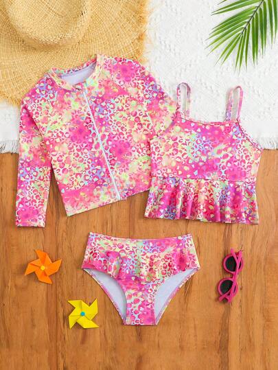 Girls' Swimsuit Young Girls Tankinis Girls' (Large) Camisole Vest Style Bikini Cool Multi-Color Leopard Print Knitted Fabric Long Sleeved Jacket Lotus Leaf Fly Edge Three Piece Set Fashionable Leisure Exquisite Gorgeous Ladies Suitable For Swimming Suitable For Summer Vacation Beach Beach Swimming Pool Summer Party Leisure Vacation Pink Swimsuit 3 Piece Kid Swimwear Set 3pcs Girls Longsleeve