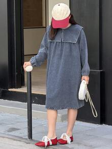 DAZY 少女海军蓝翻领长袖直筒宽松休闲牛仔连衣裙 - 藍色 - 查看 3