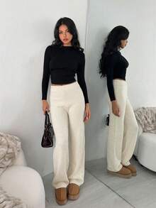 SHEIN EZwear 女士亮片针织毛衣裤套装，春夏款 - 米色 - 查看 4