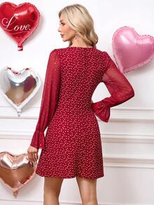 SHEIN Clasi Women's Heart Print Mesh Patchwork Mini Dress - Burgundy - View 3