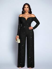 SOLERSUN Women's Fashionable Elegant V-Neck Off Shoulder Long Sleeve Party Night Club Sparkly Fabrics Jumpsuits, Suitable For Christmas Party Valentine's Day Dating - Black - View 8