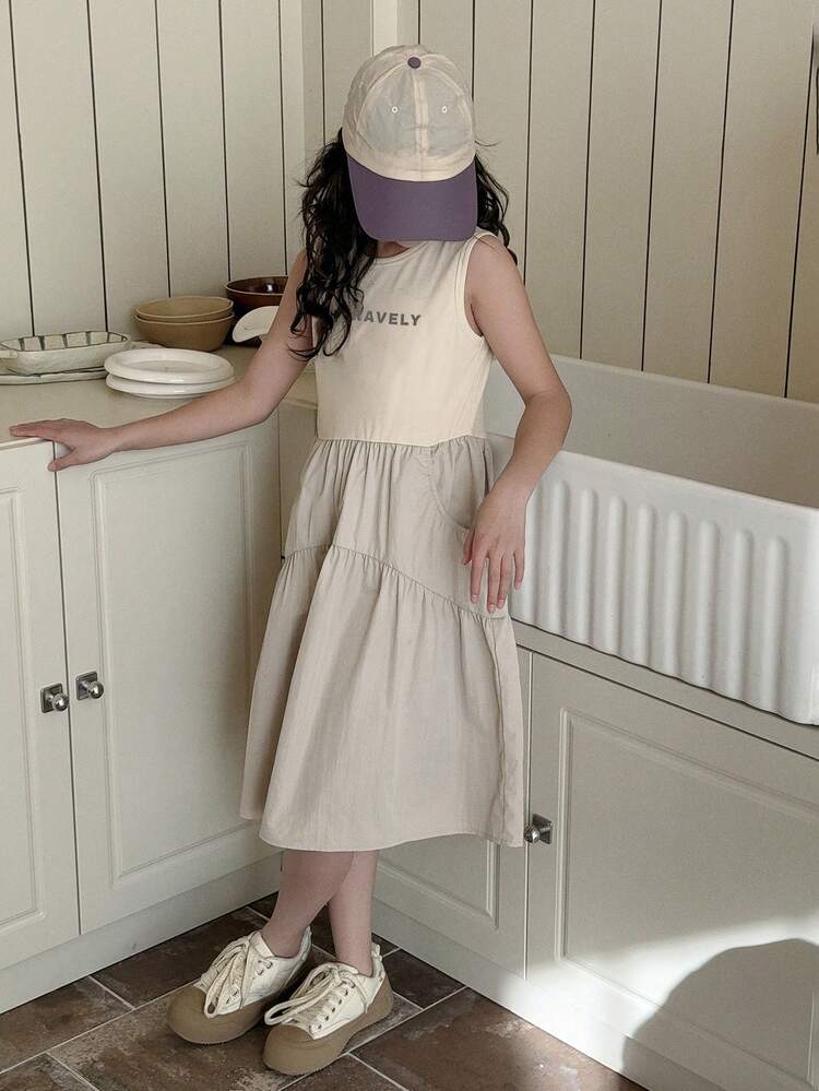 Tween Girl Round Neck Color Block Letter Print Pocket Pleated Casual Everyday Dress Summer