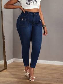 Slaydiva Jeans ajustados elásticos de vaquera azul de talla grande para mujer - Azul lavado oscuro - Ver 5
