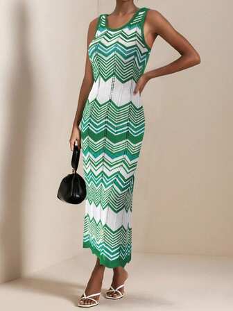 Vesra Striped Pattern Round Neck Fitted Sleeveless Sweater Dress