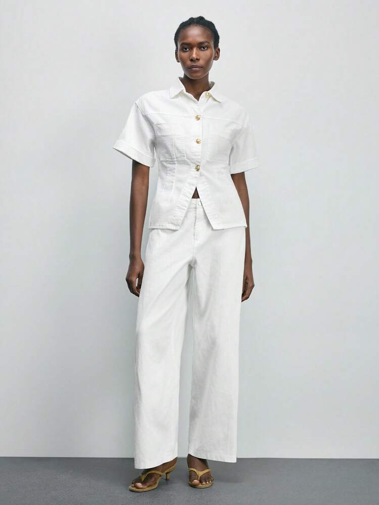SHEIN Maija Women's White Denim Top, Fitted Denim Shirt, With Metal Button Embellishments, A Casual Summer Work Outfit.